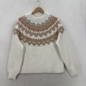 LOFT Sweater Womens Large White Fair Isle Heart Crew Glitter Knit Pullover NWT